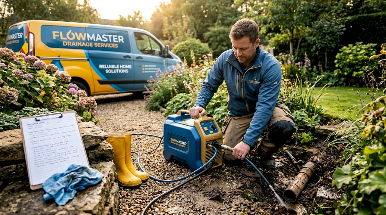 Technician jetting roots from outdoor drain