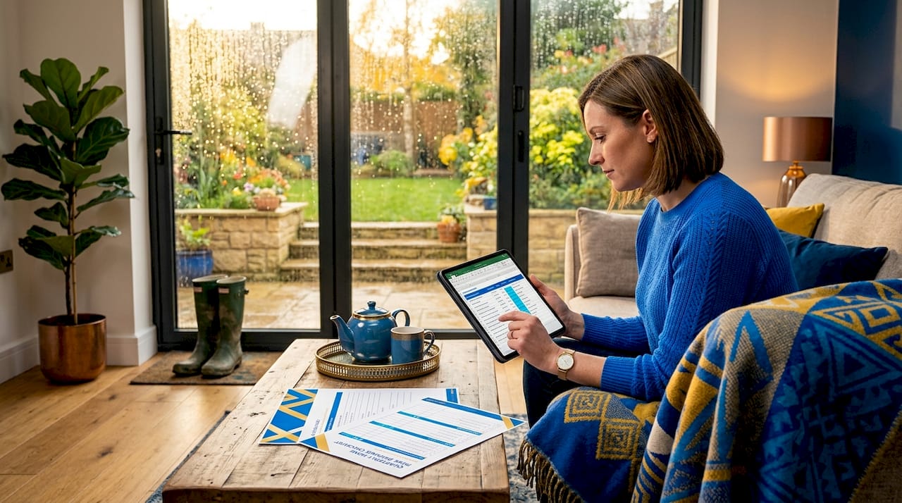 Woman updating drainage checklist at kitchen table
