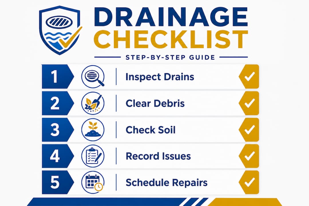 Infographic outlining property drainage checklist steps