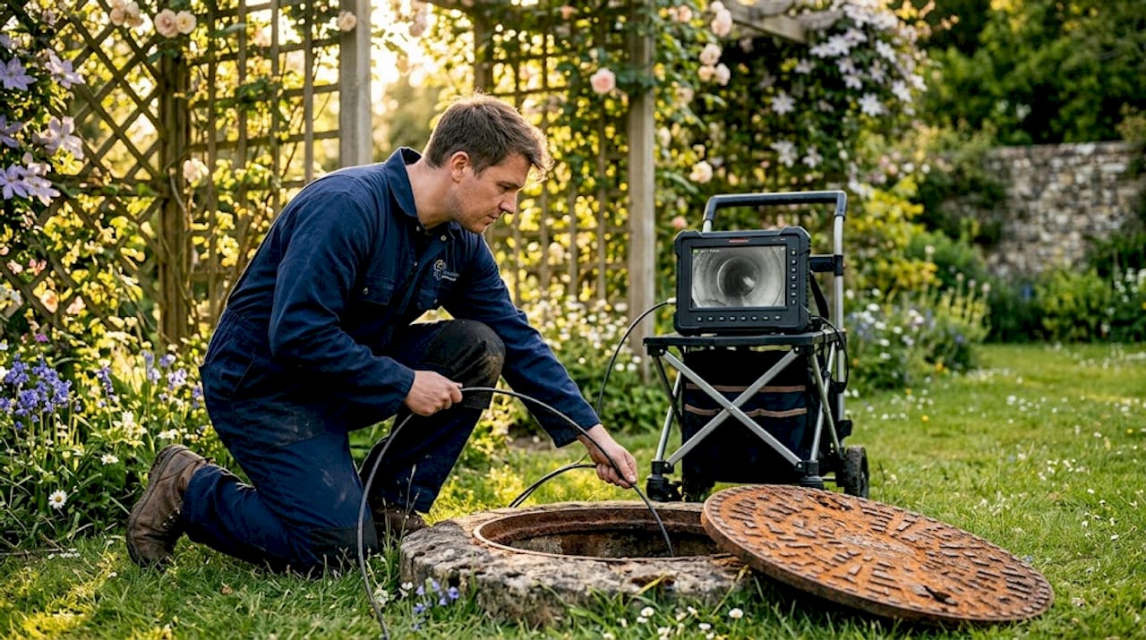 Drainage technician inspecting foul water outside