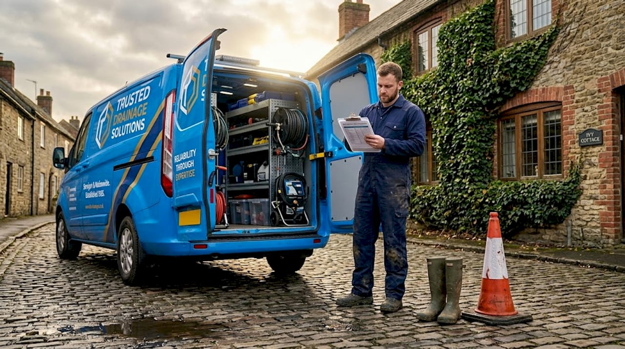 Drainage engineer at home with equipment