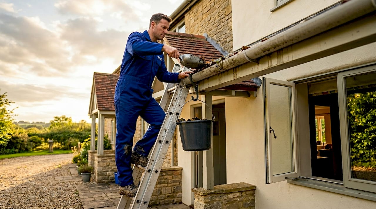 Worker cleaning leaves from gutter of UK home
