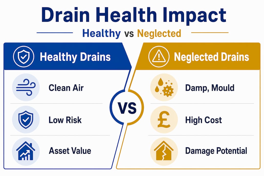 Infographic comparing healthy and neglected drains