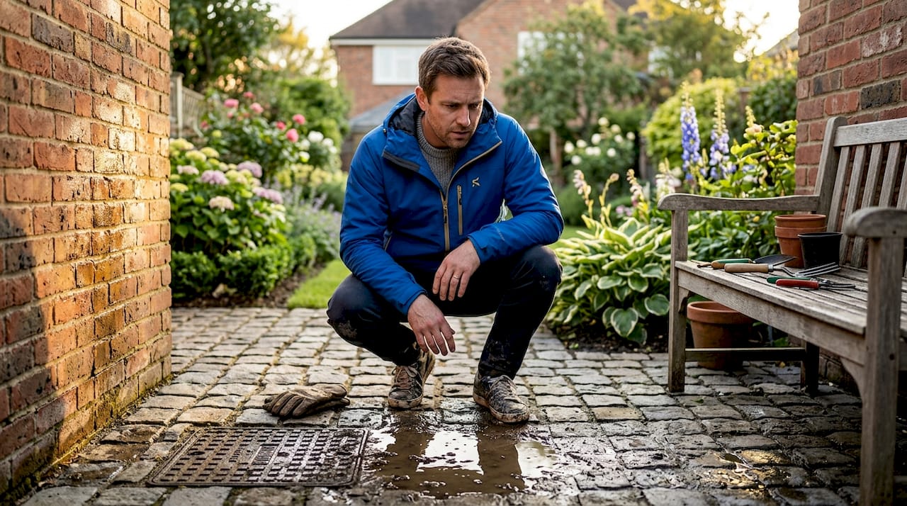 Man inspecting garden drainage problem