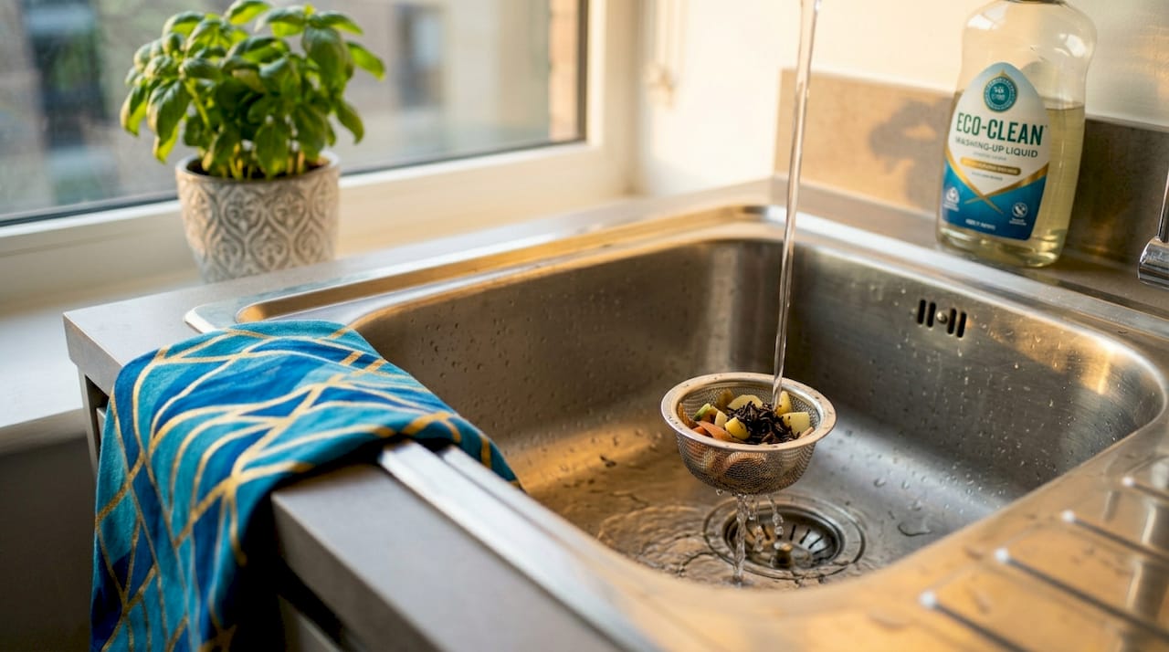 Mesh strainer catching food scraps in sink