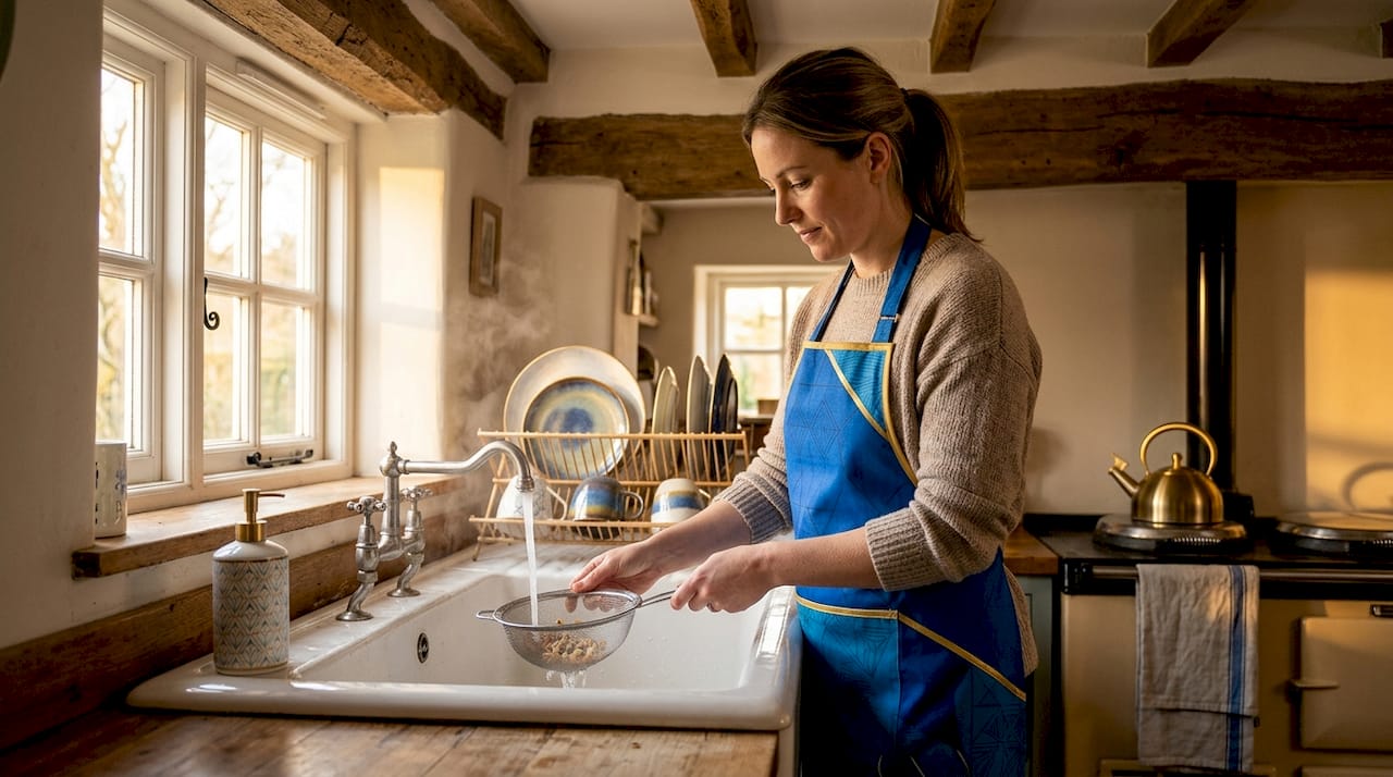 Woman clearing kitchen sink drain blockage