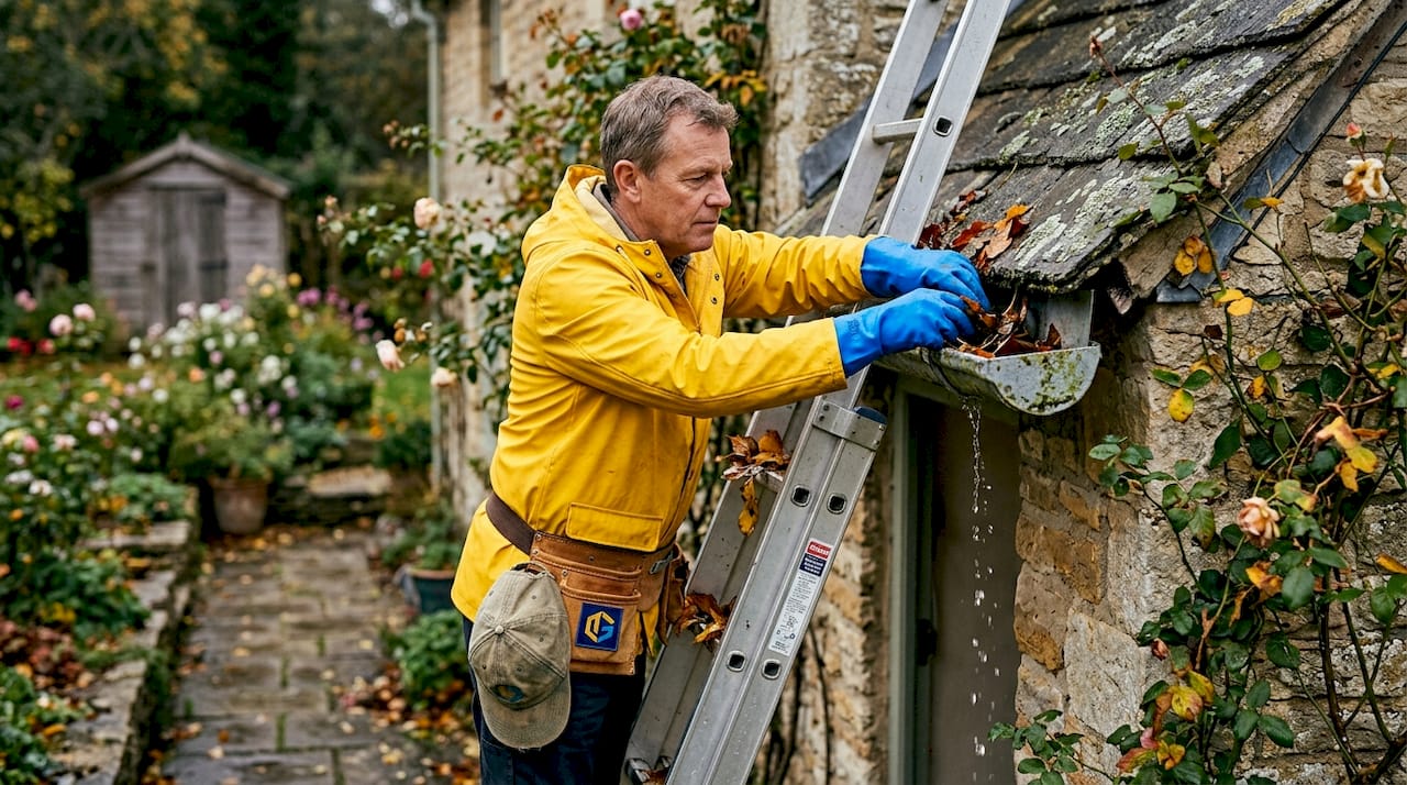 Maintenance worker cleaning blocked house gutter