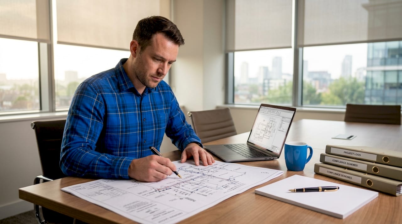 Manager reviewing drainage layout documents
