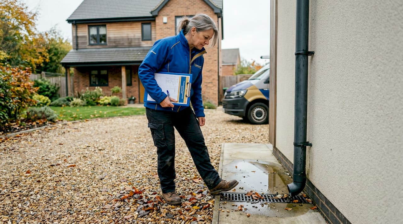 Checking rainwater downpipe and drains