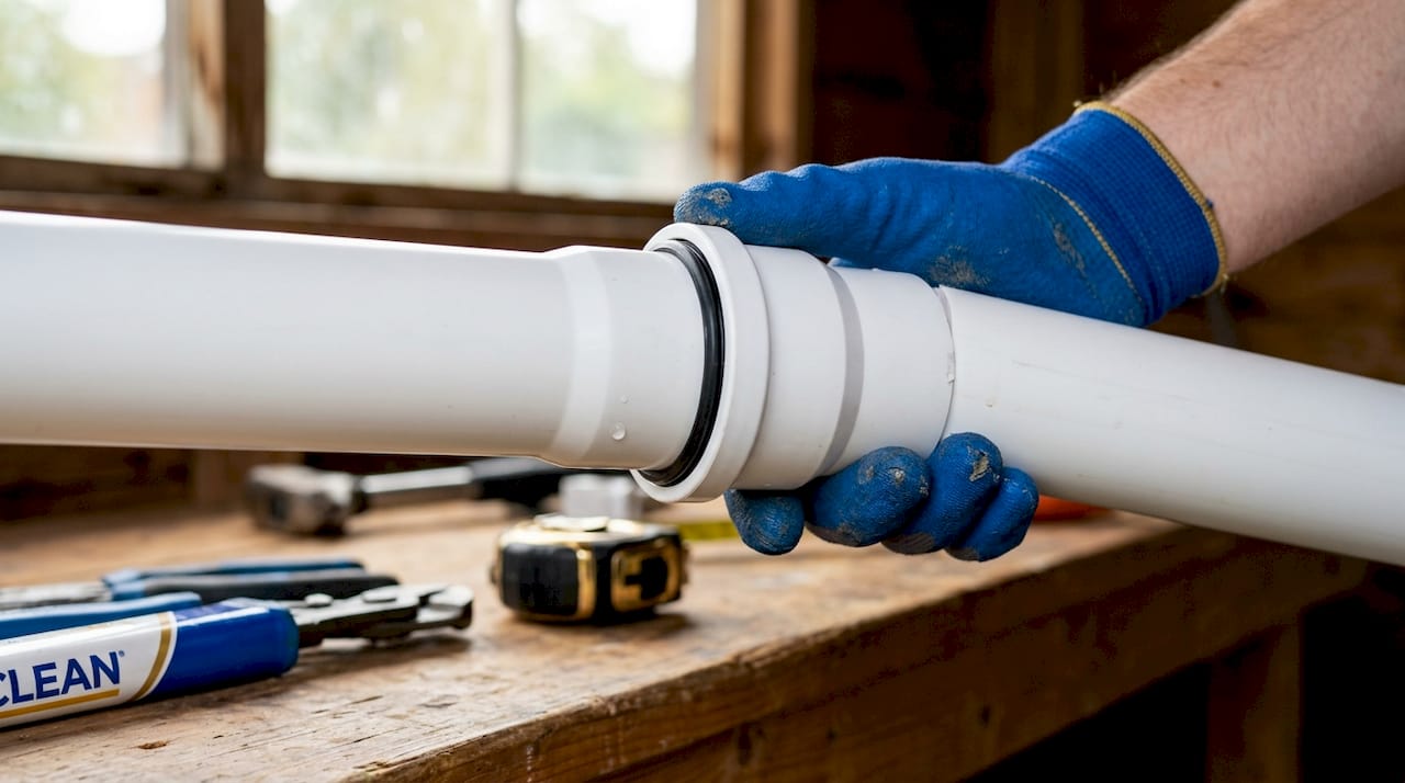 Closeup PVC pipe joint in workshop