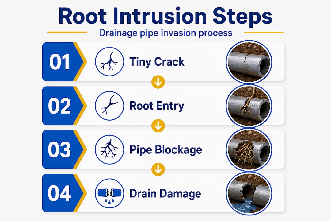 Infographic illustrating root intrusion steps in drainage