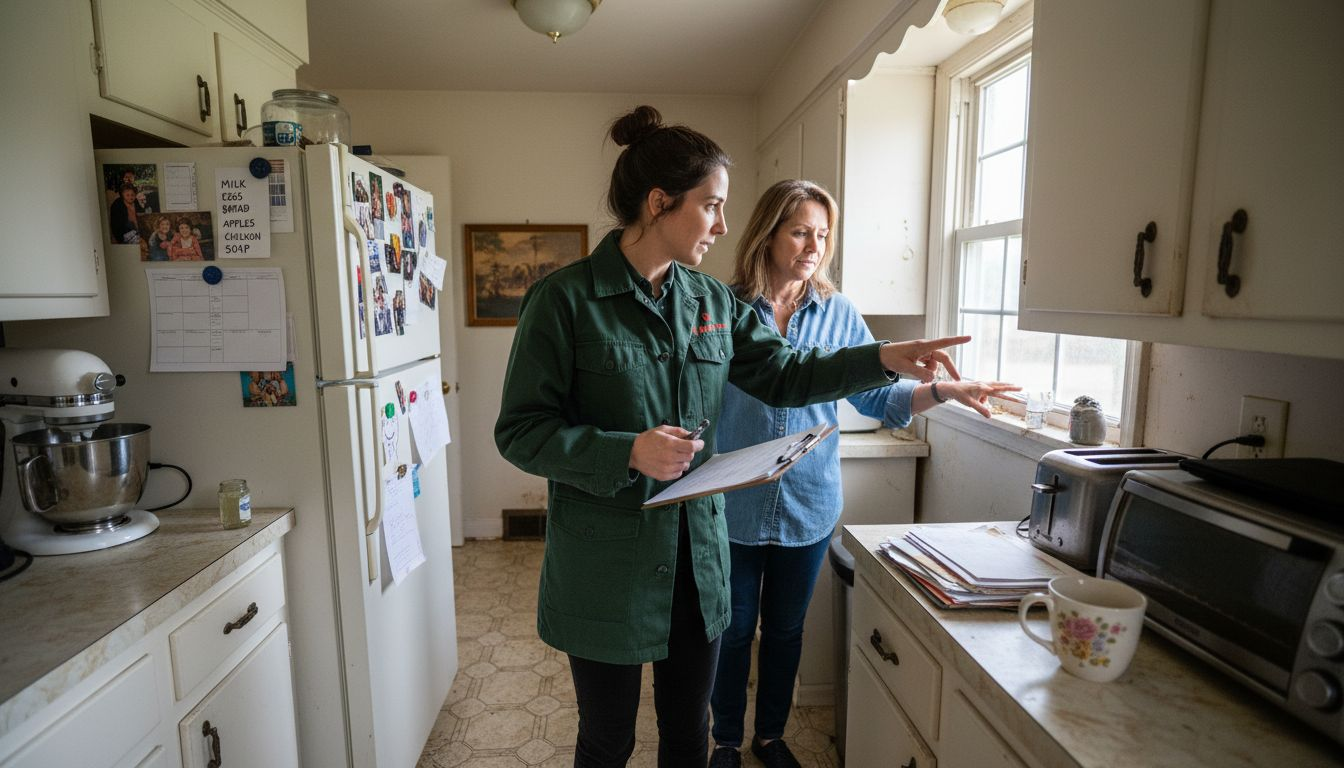 Consultant and homeowner inspecting older kitchen