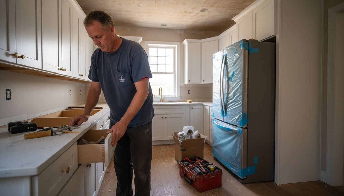 Homeowner inspects new kitchen cabinets