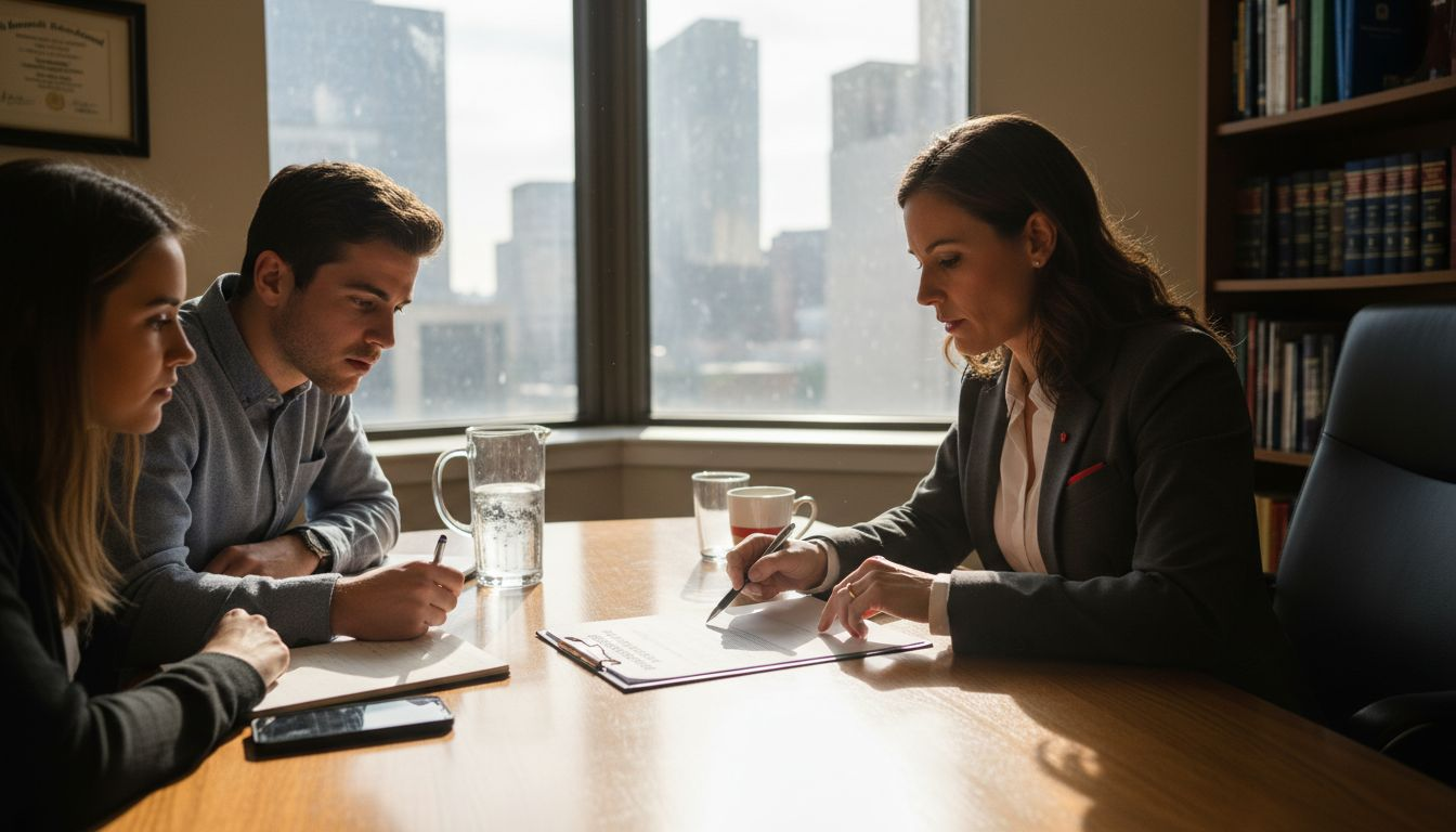Lawyer advising couple on contract clauses