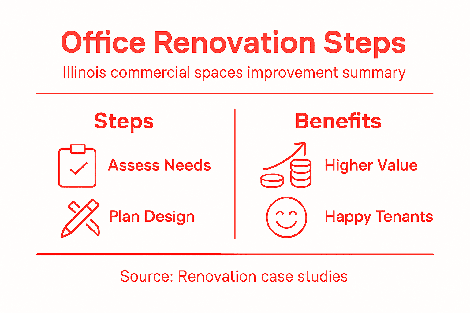 Infographic showing office renovation steps and benefits
