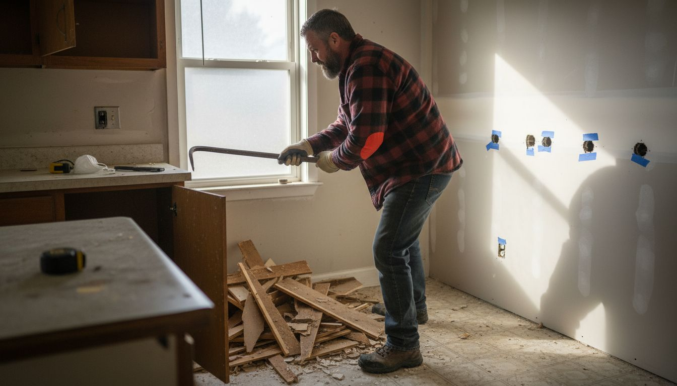 Contractor demolishes old kitchen cabinets