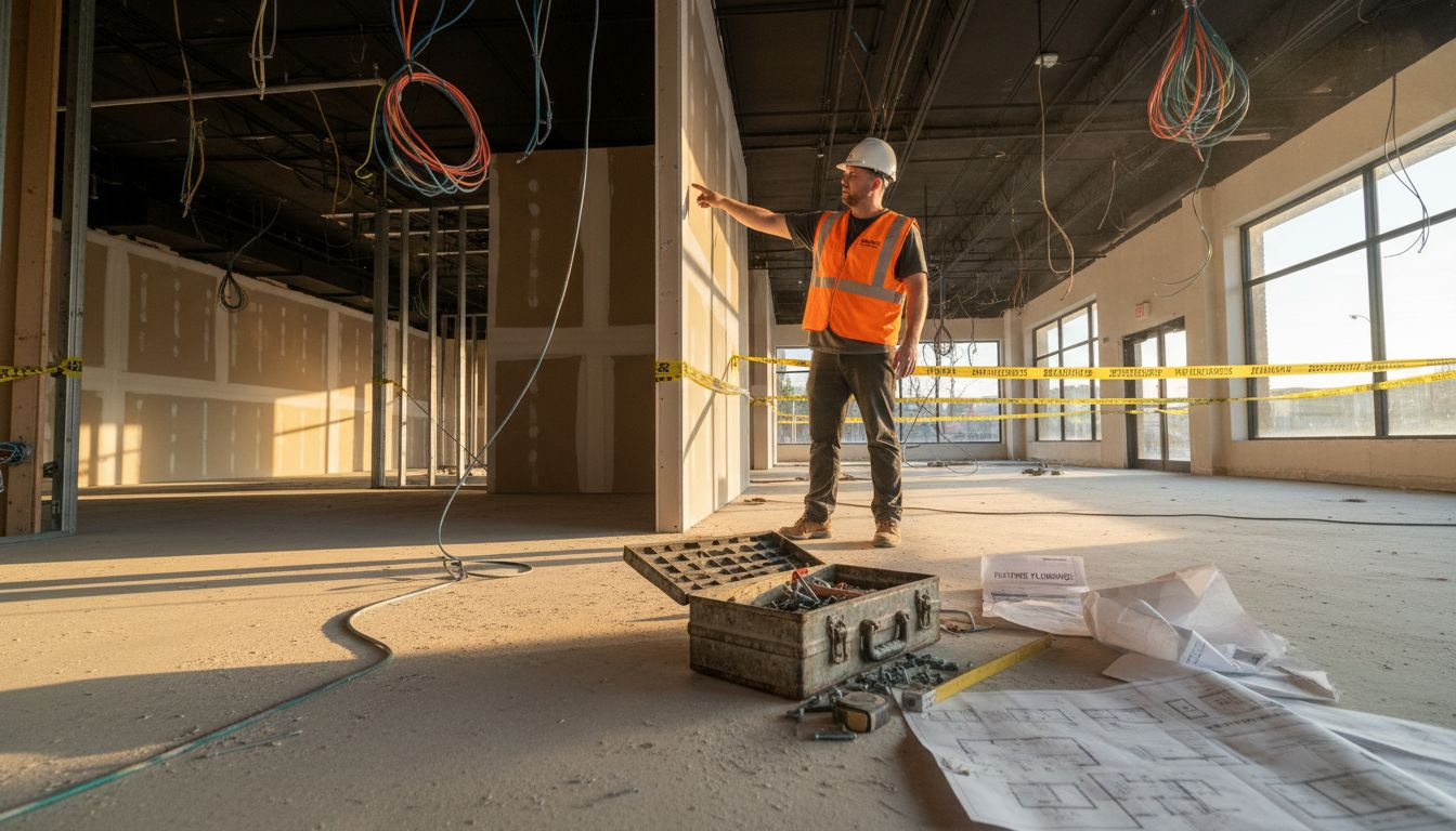 Contractor indicates building work during renovation