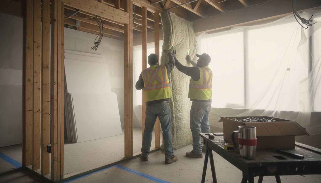 Workers installing office wall insulation in progress