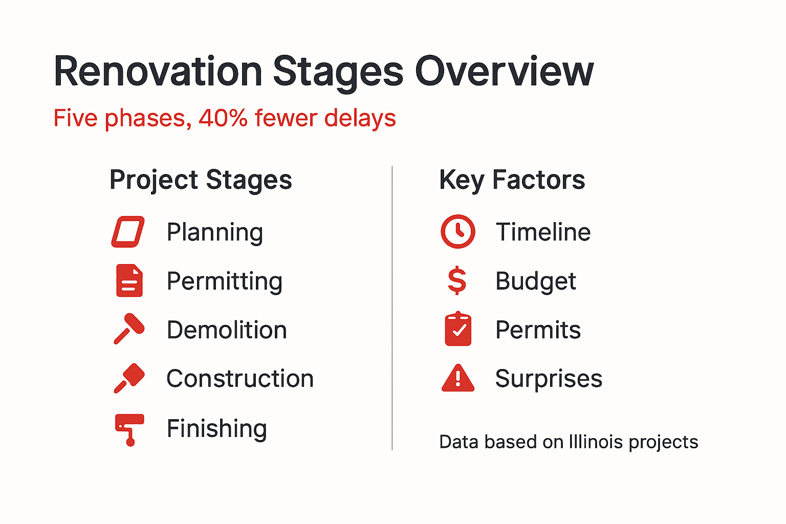 Infographic showing Illinois renovation stages and factors