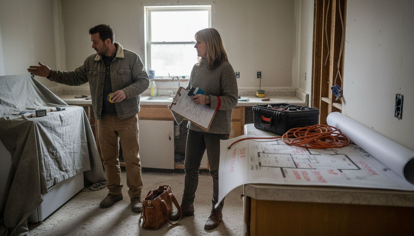 Designer and contractor planning kitchen remodel