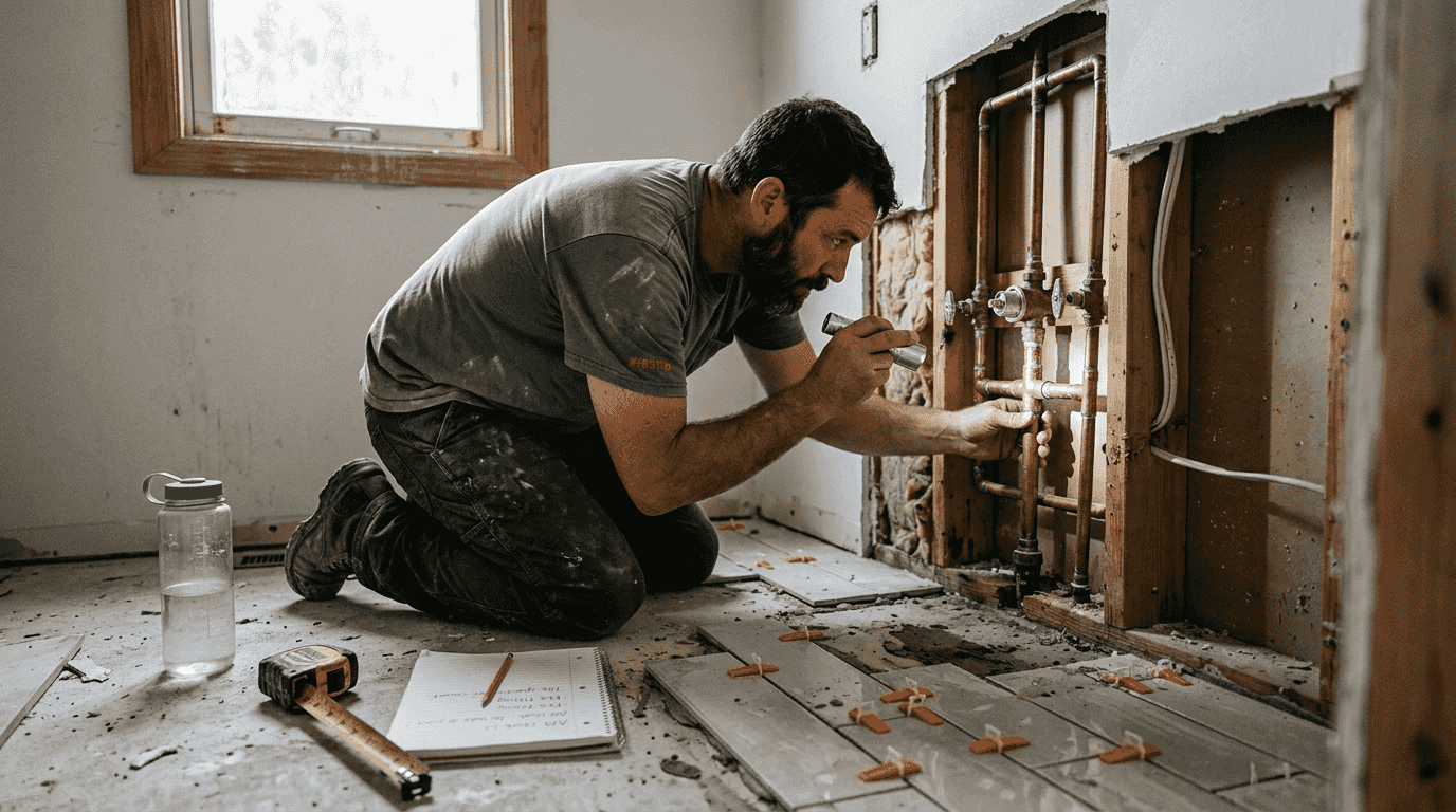 Contractor inspecting wall and tile defects