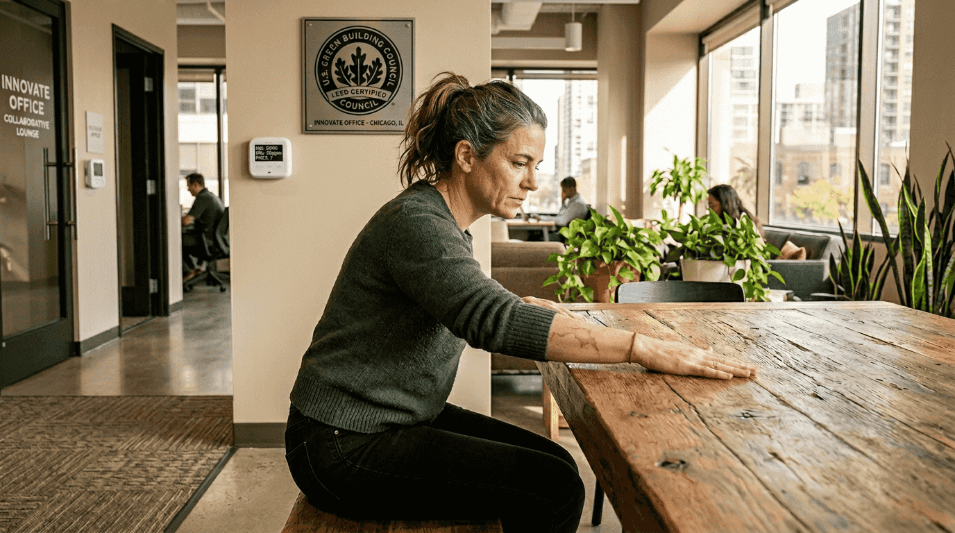 Supervisor inspecting reclaimed wood in certified lounge