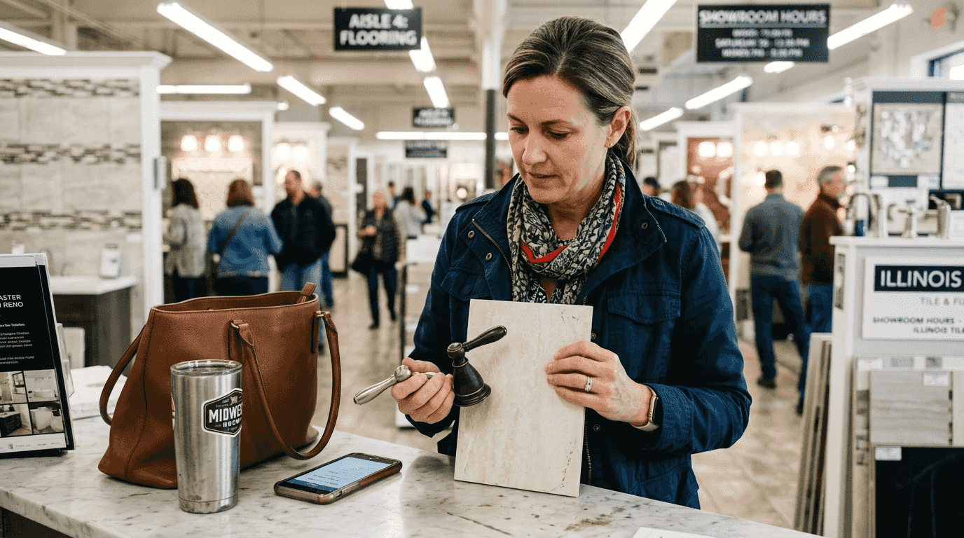 Woman selects bathroom fixtures and tiles
