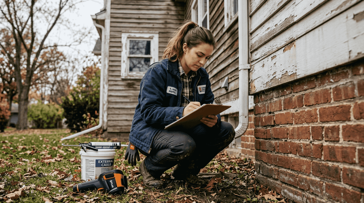 Contractor inspecting Illinois home exterior