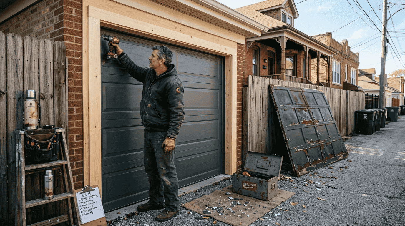Contractor installing new steel garage door