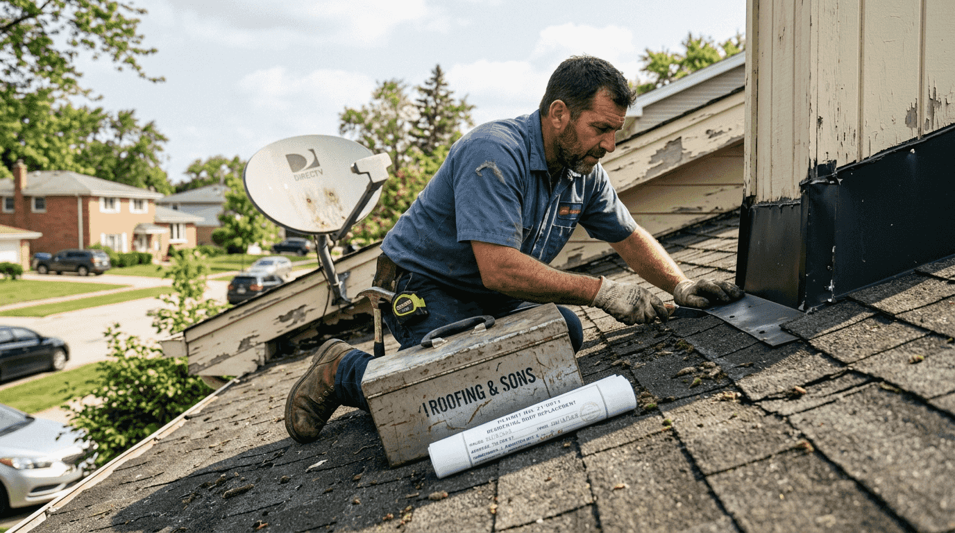 Roofing contractor inspecting Illinois residential roof