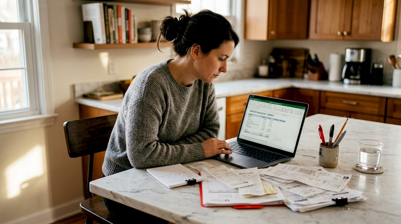 Woman updating renovation budget on laptop
