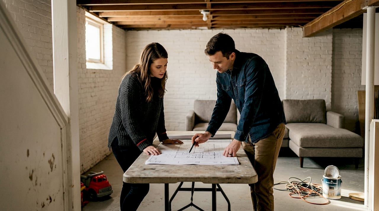 Couple planning in finished Chicago basement