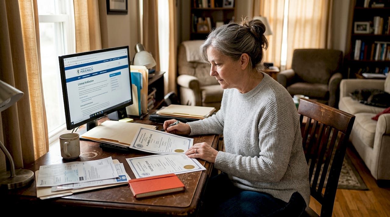 Homeowner verifies Illinois trade licenses desk