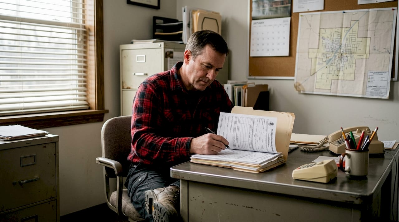 Contractor reviewing permit forms in Illinois office