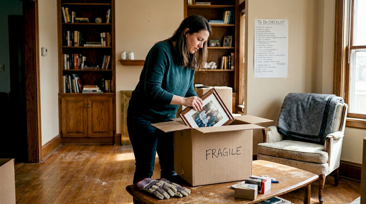 Woman clearing shelves before home renovation