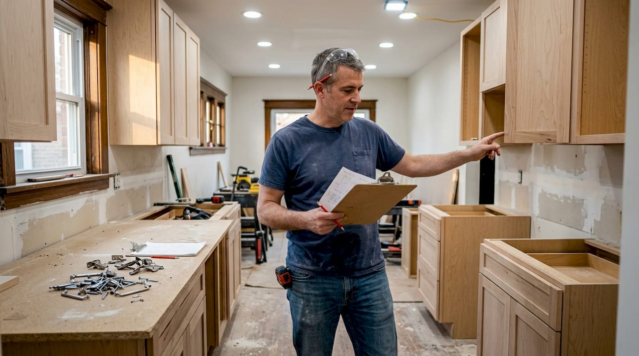 Contractor installing cabinets in Chicago kitchen
