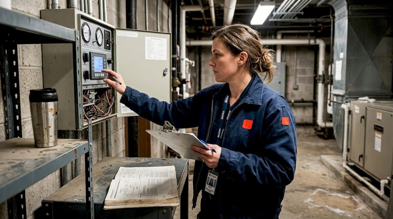 Manager checking HVAC commissioning process