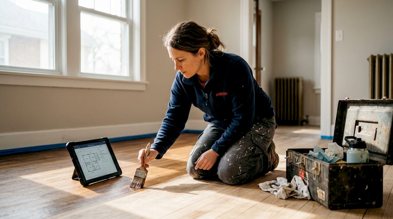 Contractor refinishing hardwood in Illinois rental