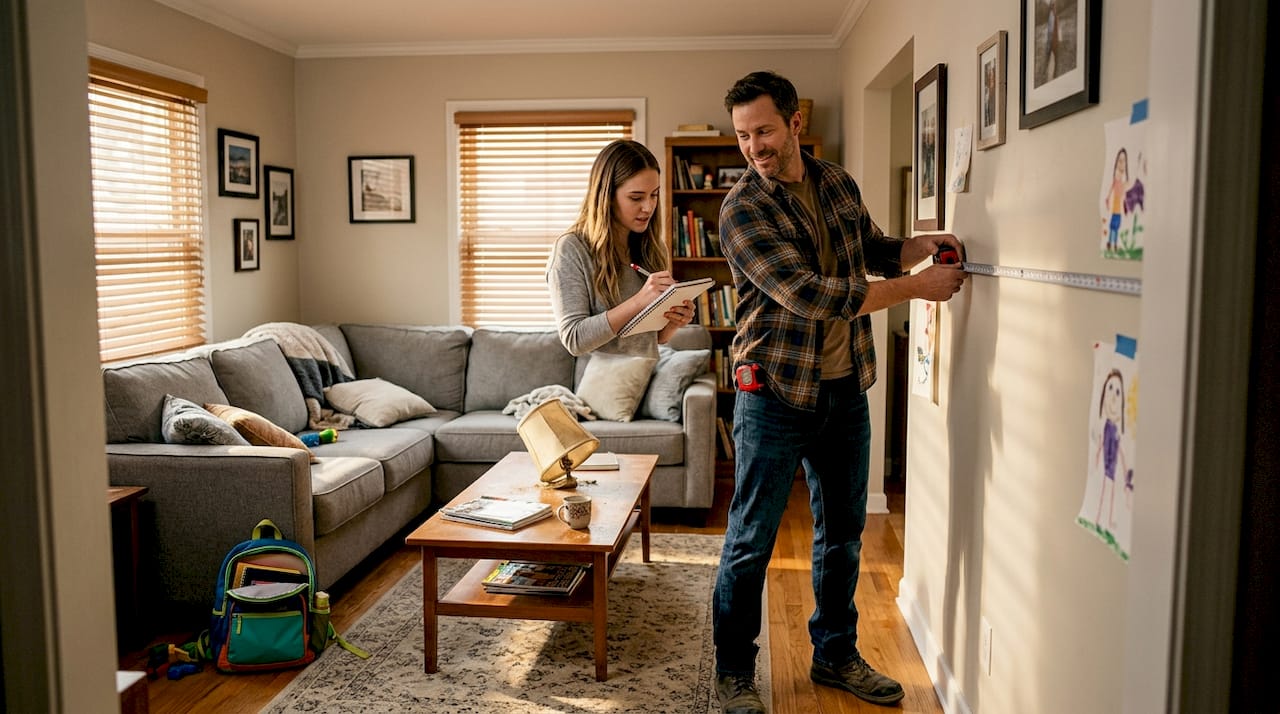 Remodeler measuring living room with homeowner