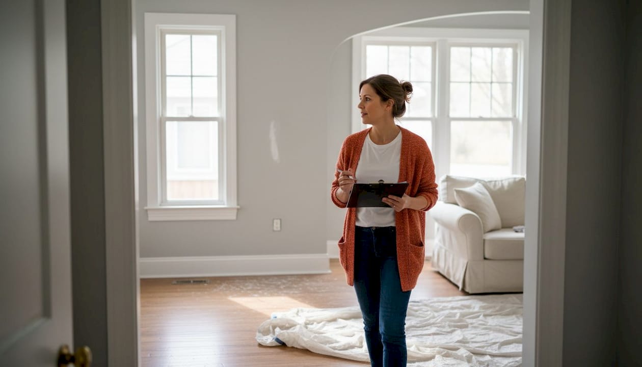 Homeowner inspecting recent renovations in living room