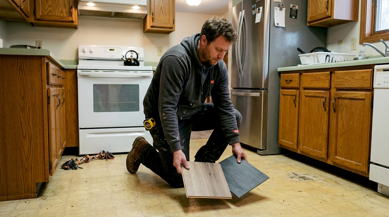 Contractor comparing flooring in suburban kitchen