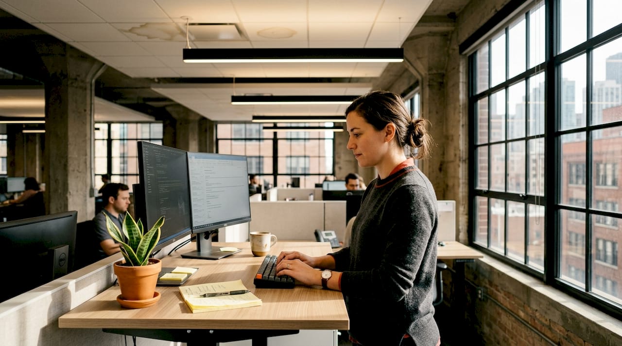 Employee works beneath upgraded office lighting