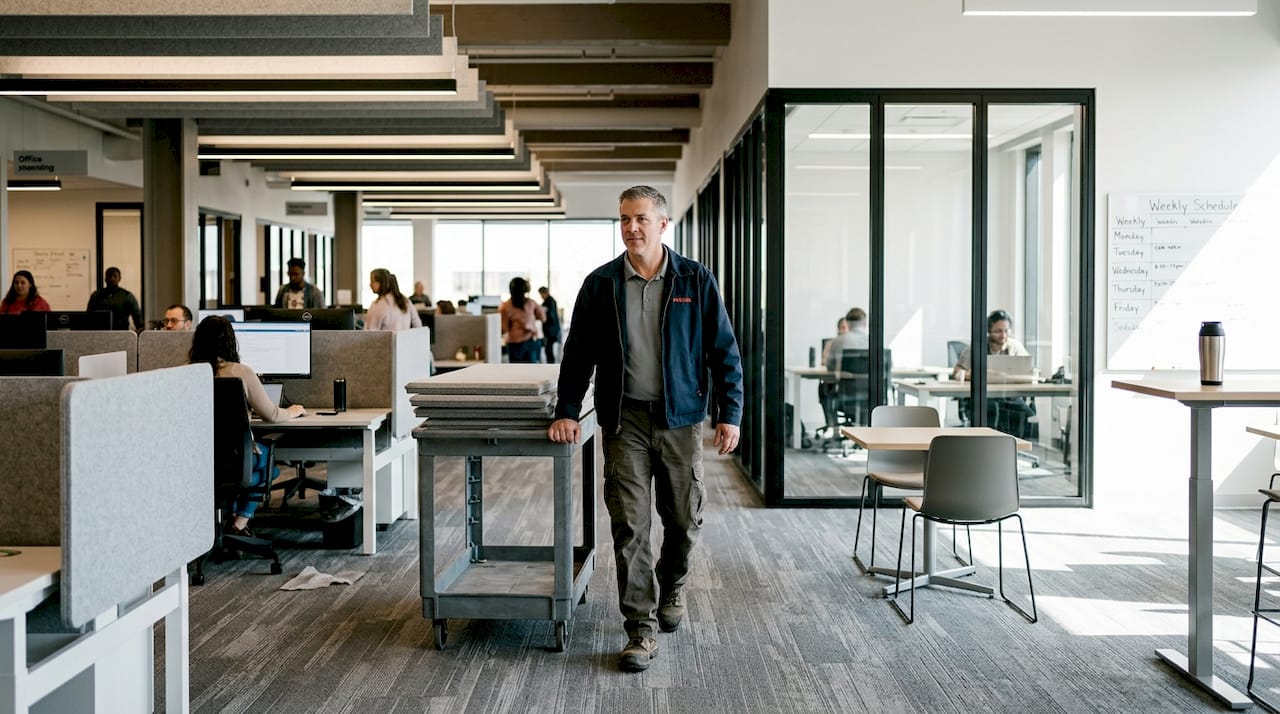 Facilities manager arranging hybrid office layout