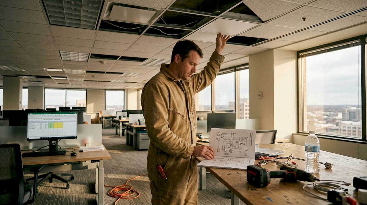 Technician upgrading office with LED lighting