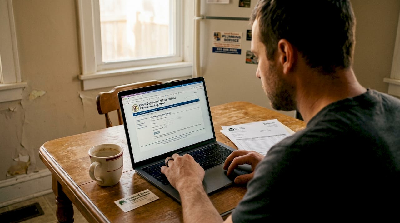 Homeowner verifying contractor license at kitchen table