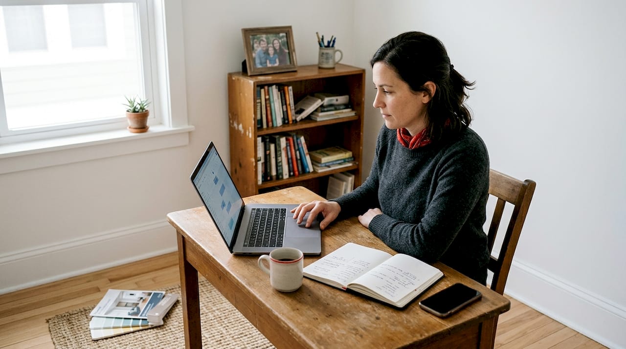 Homeowner using renovated home office workspace