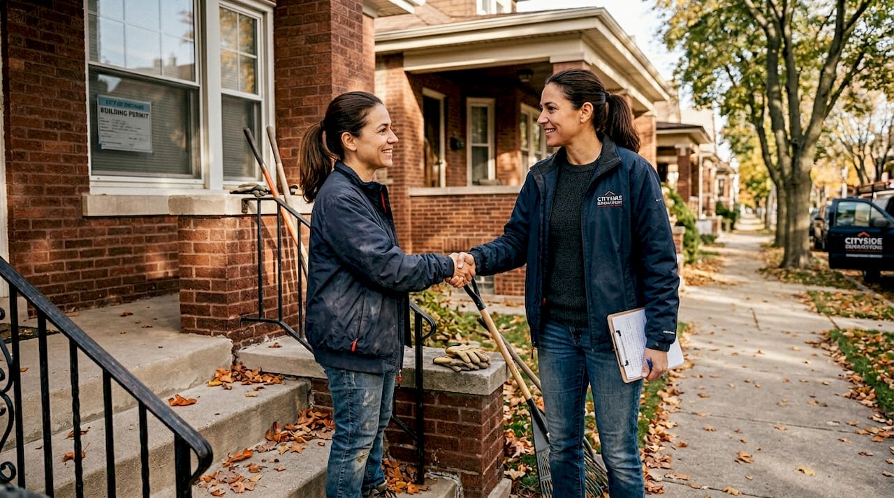 Contractor shaking hands with homeowner outside bungalow