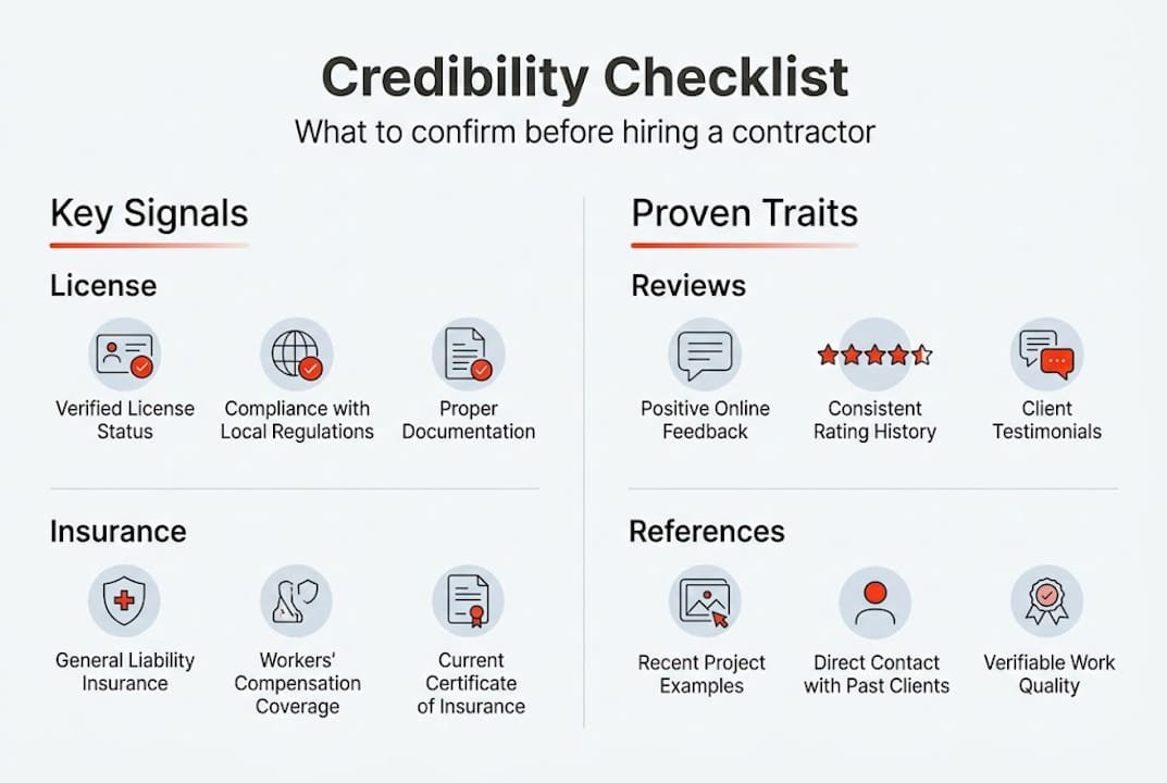 Infographic with contractor credibility checklist signals