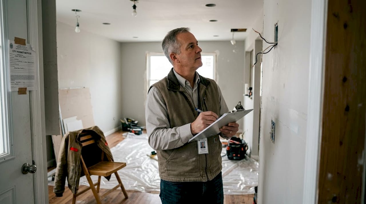 Inspector checks home renovation wiring and permits
