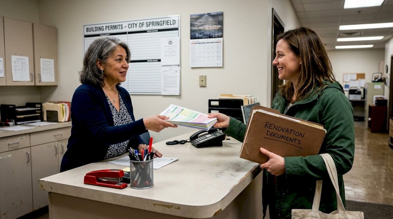Permit clerk handing forms to homeowner